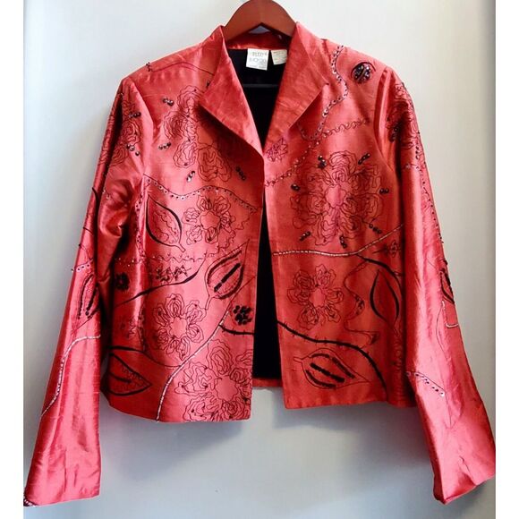 Bleu Bayou Jacket Open Blazer Silk Embroidered MED Art to Wear Coral/Red/Black - Picture 2 of 11